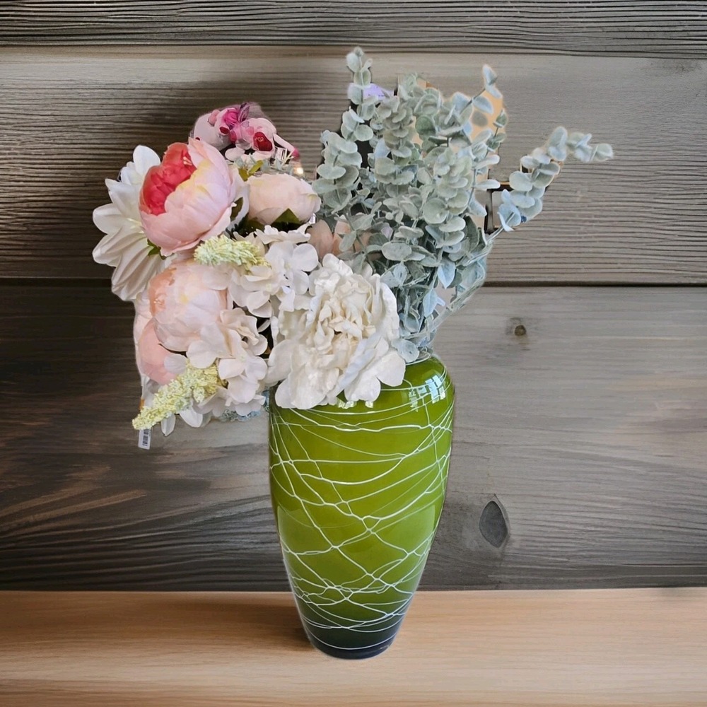 Vintage Murano Style Art Glass Vase 16" Lime Green White Swirl Thread Web MCM